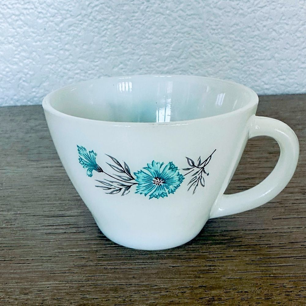 Fire King Vintage Blue Floral Milk Glass Coffee Tea Cup